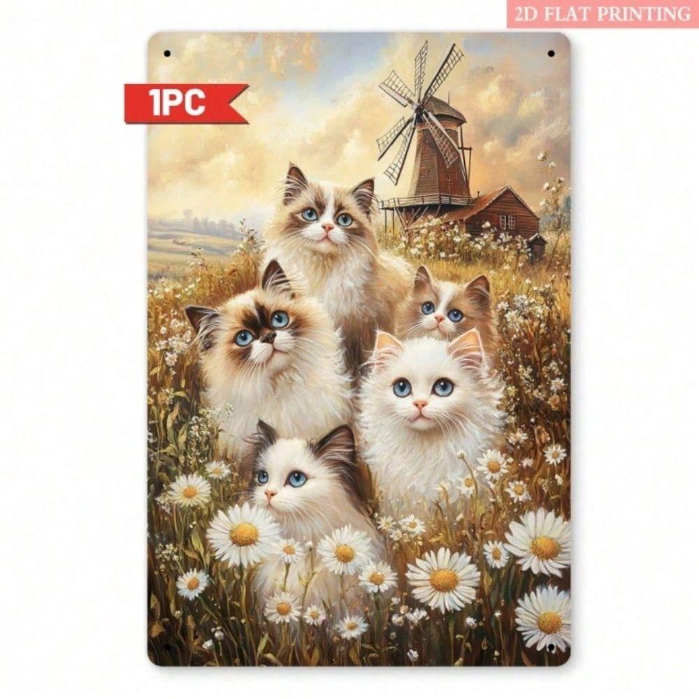Vintage Cat Windmill Metal Poster, Rotating Blades Garden Wall Art