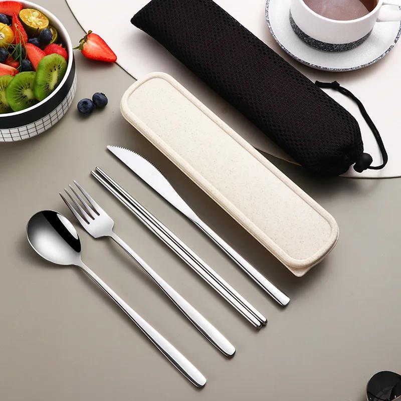 4Pcs Portable Tableware Set Stainless Steel Knife Fork Spoon Chopsticks Travel Tableware With Box Picnic Camping Cutlery Set