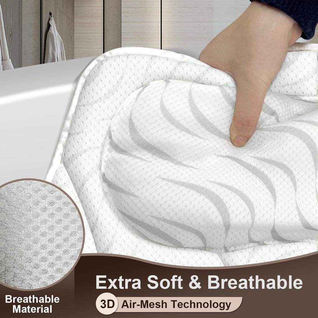 Bath Pillow Luxury Bathtub Pillow - Bath Pillows for Tub Neck and Back Support, Ergonomic Tub Pillow for Bath with 6 Powerful Suction Cups, Fits All