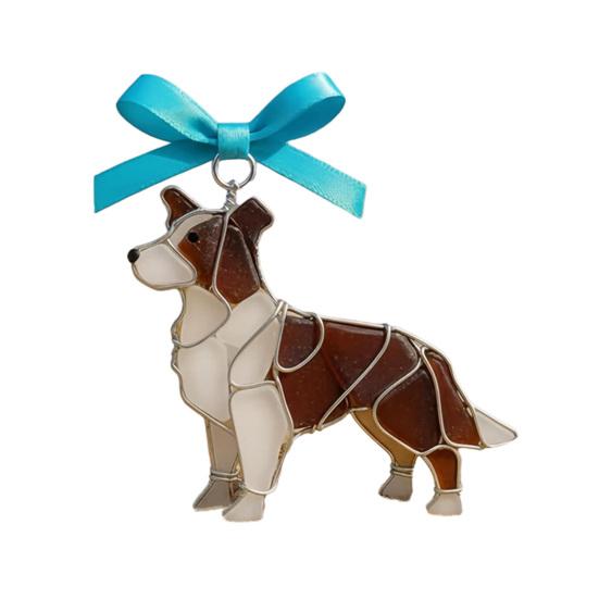 Colorful Dog Acrylic Suncatcher Stained Glass Corgi/Bulldog/Chihuahua Ornament Window Christmas Tree Hanging Decor with Bow Holiday Gift for Dogs