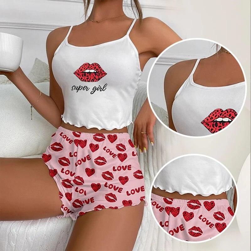 Women's Two-Piece Printed Pajama Set Women's Round Neck Suspender Top and Elastic Waist Printed Shorts Casual Pajama Set