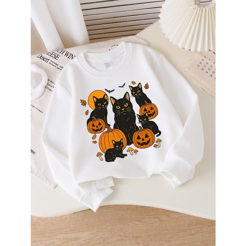 European sizes Girls' Long-Sleeve Crewneck Sweatshirt "Black Cats Pumpkins" Printed Top, Casual for Celebrations & Everyday Wear
