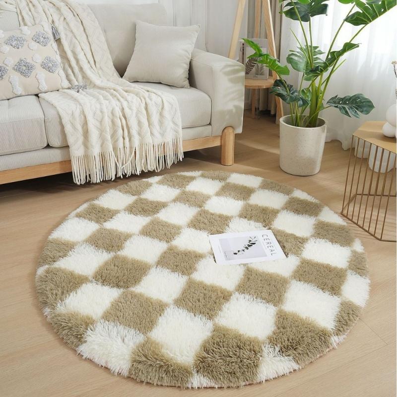 Checkerboard Round Fluffy Shaggy Rug Soft Long Pile Carpet for Bedroom Living Room Plaid Area Rug Kids Room Circular Mat