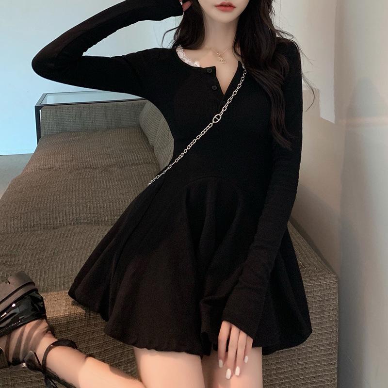 Women's Pure Desire Sexy Black Long-sleeved Dress Autumn French Small Hepburn Dress