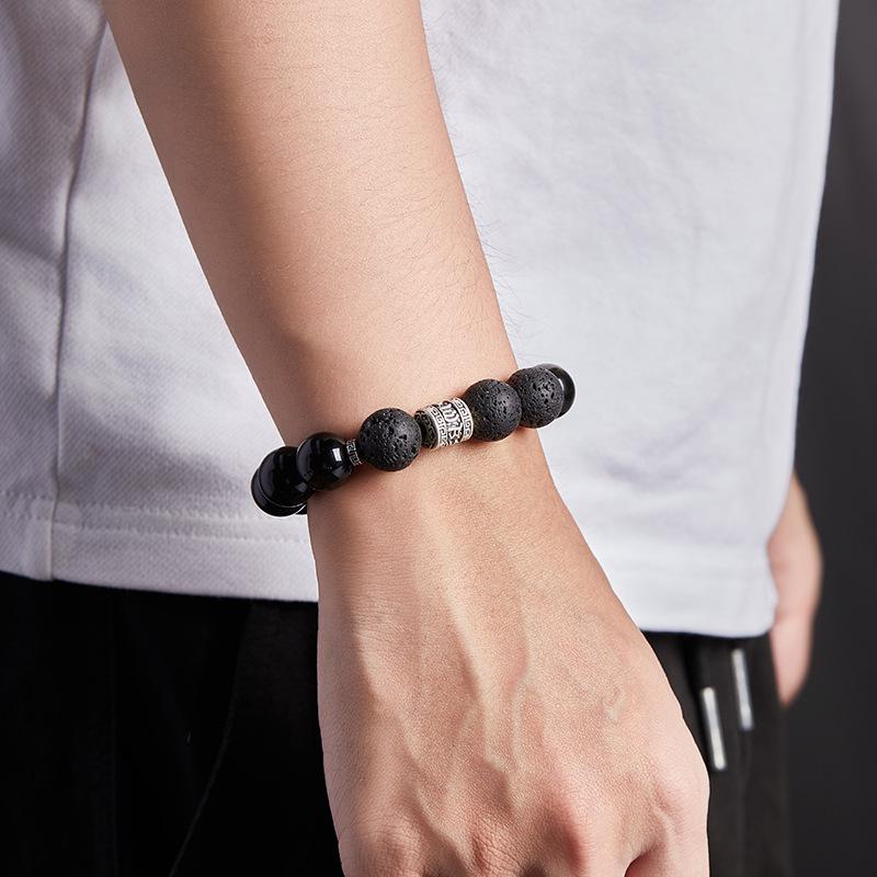 Sterling Silver Volcanic Stone, Gold Obsidian, Red Tiger Eye Men's Beaded Retro Bracelet - Elegant Gift for Boyfriend