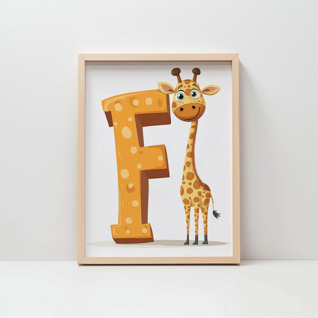 Plakat Żyrafa I Litera F Plakat Żyrafa I Litera F, 30X40 Cm, Rama Drewniana Jasny Dąb, Papier Matowy 230 Gsm