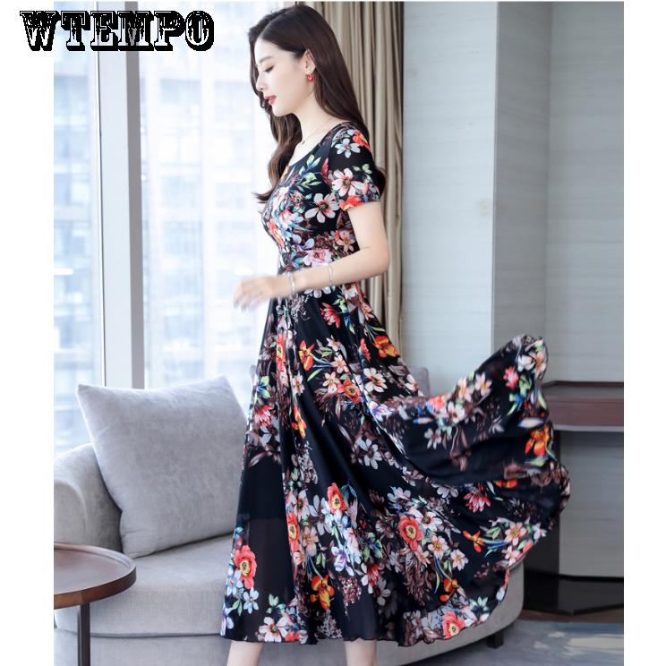 WTEMPO Large Size Dress Long Skirt Female Summer Fashion Fashion Over the Knee Was Thin