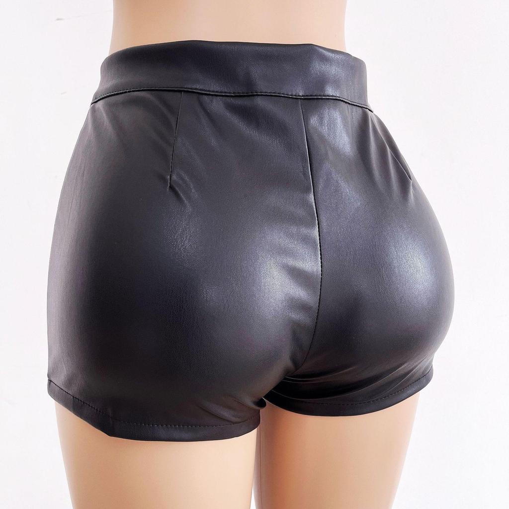 Plus Size Black High Waist Leather Shorts for Women - Sexy, Hip-Hugging, Elastic PU Leggings for Autumn/Winter.