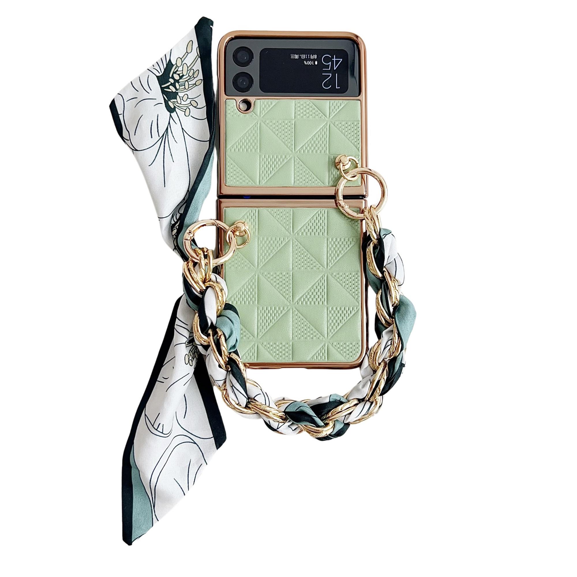 

For Samsung Galaxy Z Flip3 5G Case Electroplating PU+PC Phone Cover with Strap Light Green