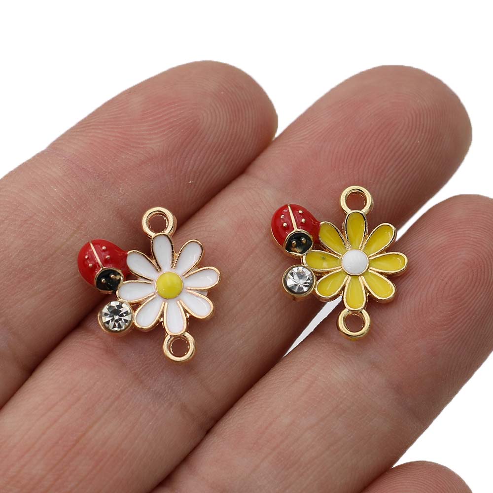 10Pcs Gold Plated Enamel Flower Ladybug Charm Connectors For Jewelry Making Bracelet Accessories Diy Findings 18X15Mm
