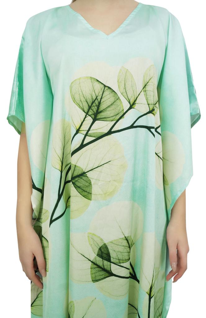Bimba Women's Floral Satin Long Kaftan Dress Aqua Blue Maxi Caftan