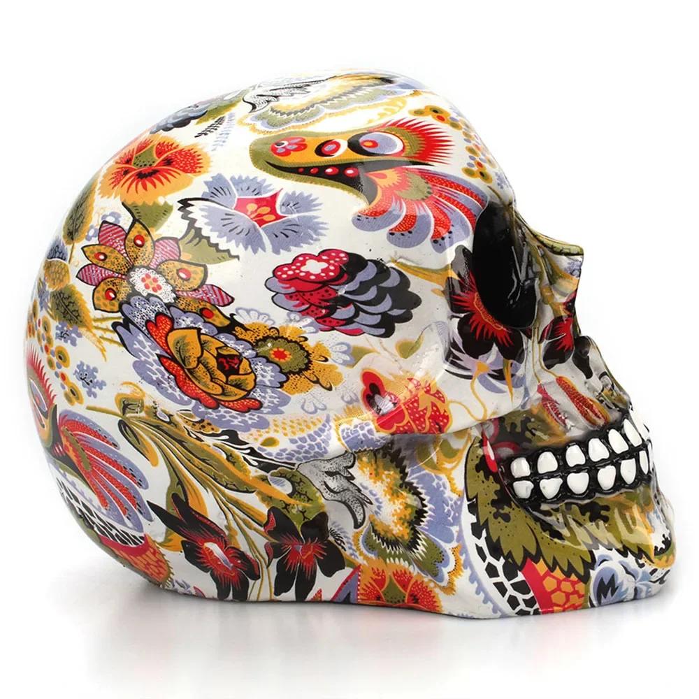 1pc, Horror Skull Decoration Resin Color Flower Painting Halloween Skull Home Bar Table Desktop Decoration Craft Gift