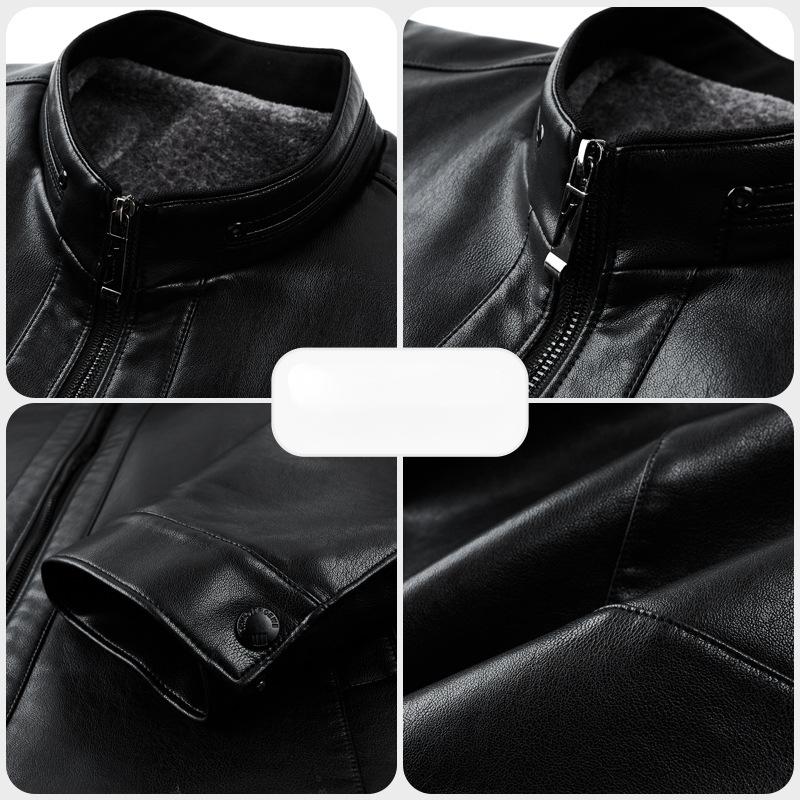 Herrenjacke aus echtem Leder mit Stehkragen, mittleren Alters, plus Samt und verdicktem Fell, All-in-one, lässiger, lockerer Mantel, Lederjacke, trendig
