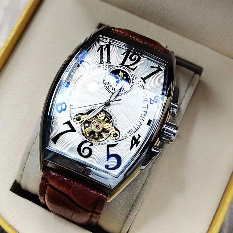 Men'S Mechanical Watch Waterproof Wine Barrel Type Hollow Belt Men'S Watch Personality Social Guy Watch Men