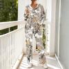 Women's Casual Hooded Pajama Set with V-Neck, Long Sleeves, Loose Fit, Print and Pockets for and Sleep