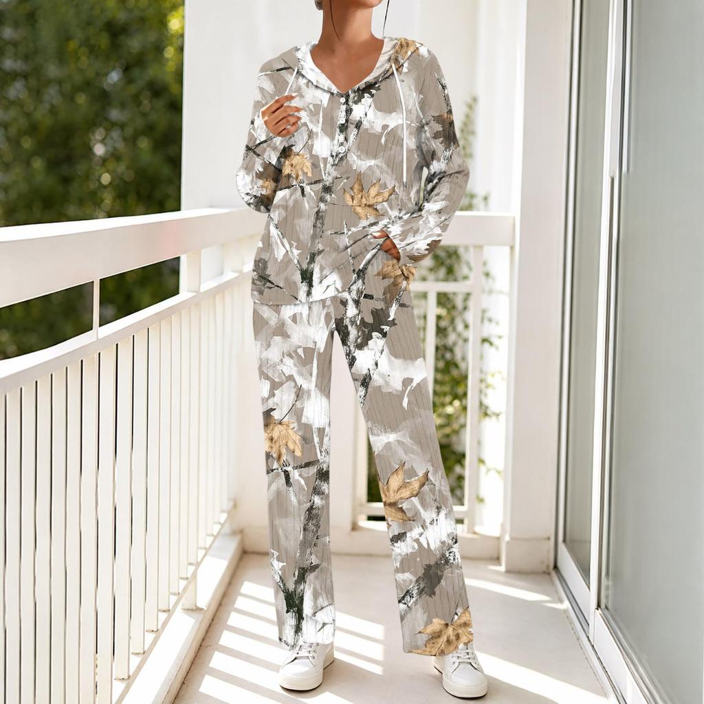 Women's Casual Hooded Pajama Set with V-Neck, Long Sleeves, Loose Fit, Print and Pockets for and Sleep