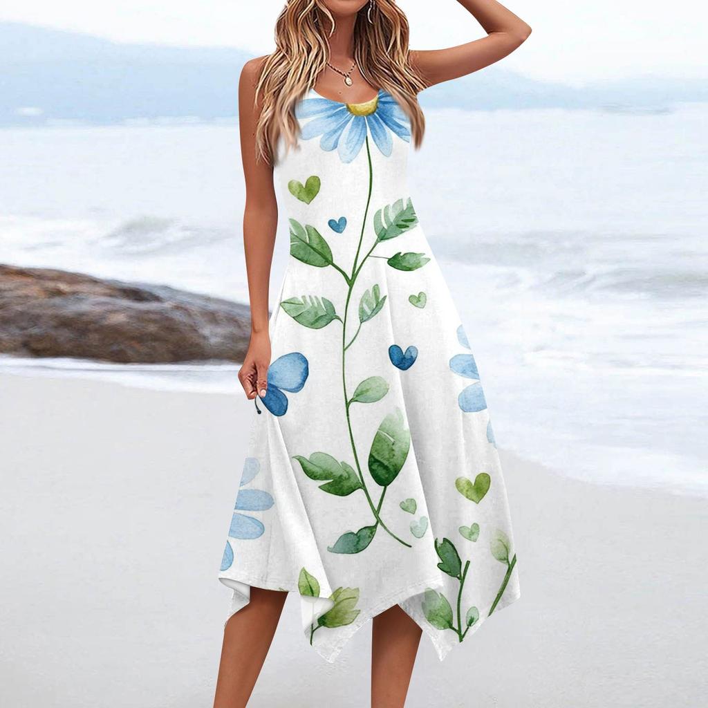Robe mi-longue décontractée à col rond et sans manches pour femme, imprimé floral vintage avec ourlet irrégulier