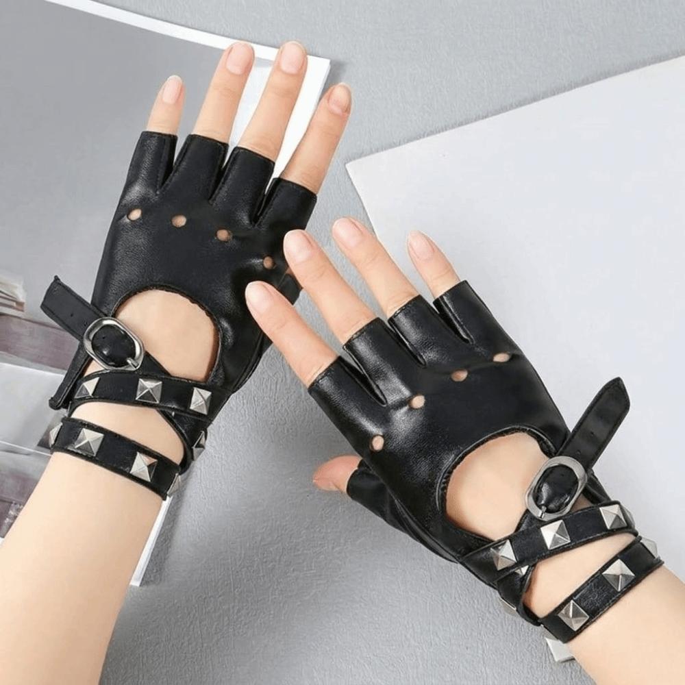 Anti-Slip Rivets Belt Wrist Gloves Punk Driving Gloves Unisex Half Finger Gloves  Disco Dancing