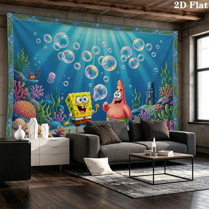 Yellow Sponge Cartoon Wall Tapestry Aesthetic Wall Hanging Printed Fabric Blanket Decorative Tapestries for Bedroom Living Room Home Decor