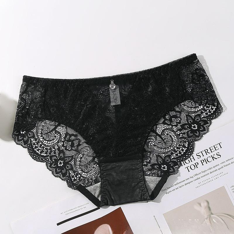 Fashionable Diamond Embellished Sexy Lace Underwear Women No Trace Low Waist Ultra-thin Transparent Mesh Women s Triangle Underwear M чёрный
