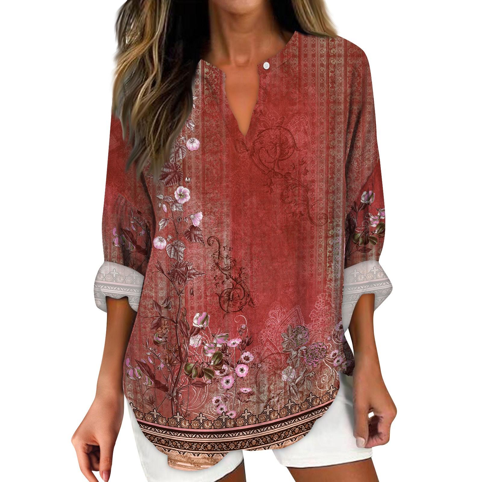 

Жіночий модний повсякденний жіночий топ з конопляним принтом і довгими рукавами з V-подібним вирізом XL червоний