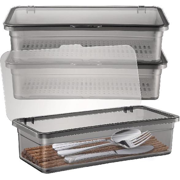 Flatware Trays with Lid 3 Pcs Cutlery Chopsticks Organizer Drain rack for Kitchen Drawer, Silverware Holder Storage Box with Cover, Utensil Drawer