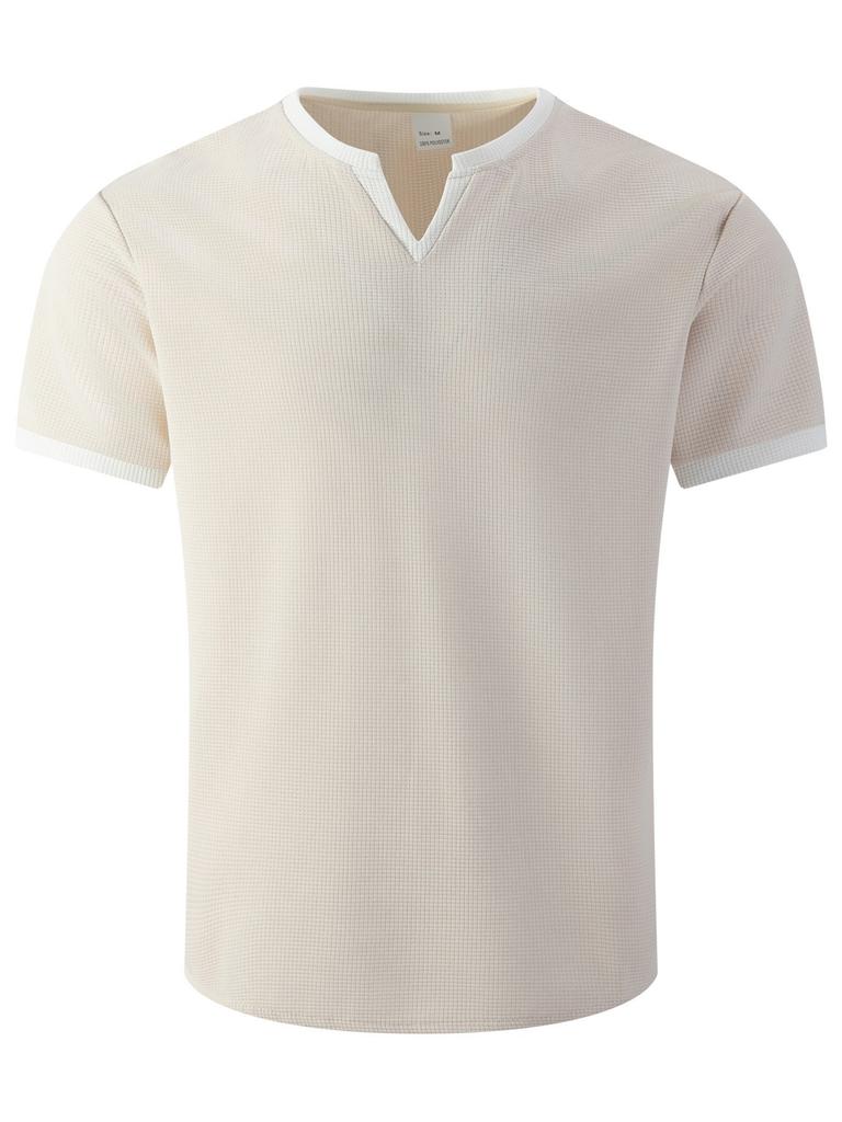 Mens Waffle Solid Color V Neck Short Sleeve Loose Casual T Shirt Mens Tops