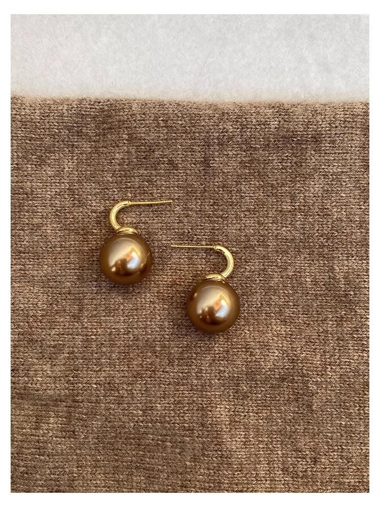 Silver Needle Maillard Vintage Champagne Pearl Earrings Show Temperament Daily Commuter Earrings