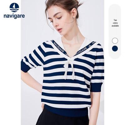 Women's Sailor Stripe Short Sleeve Polo Knit Top