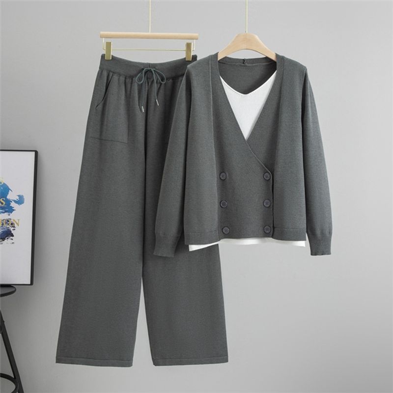 

Western Style Casual Loose Knit sweater Trousers Set Knited Sweater and Pants Set Gray One size