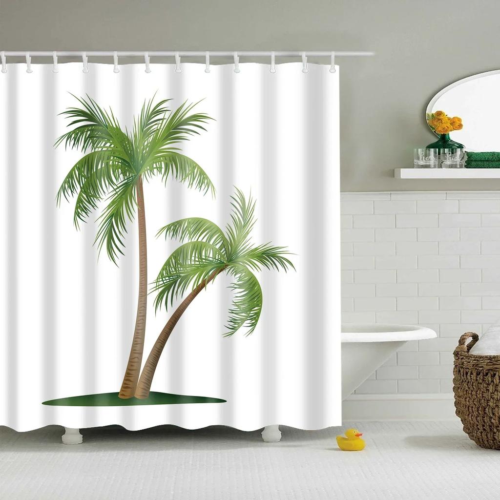 Tropical Green Plant Palm Leaves Bathroom Accessories Set Shower Curtain Bathroom Curtains Waterproof Polyester with Hooks
