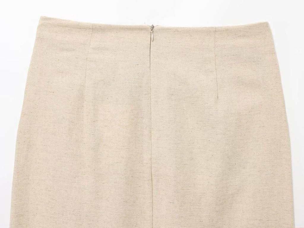 2025 Summer Women's Linen Set: Short Top with Buckle Detail & Midi Skirt