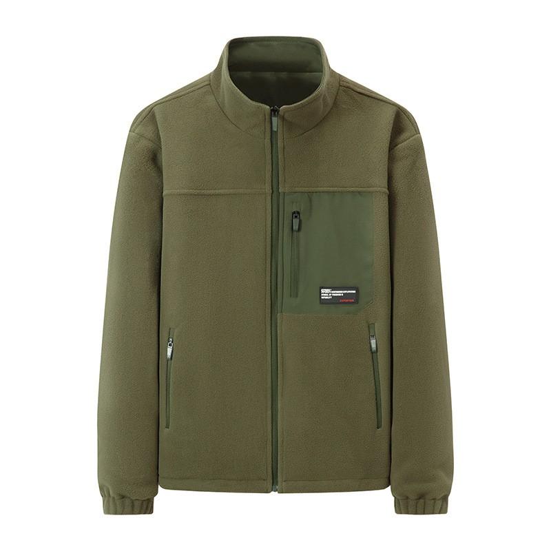 Mens Stand Collar Fleece Jacket Winter Warm Thick Outerwear Multi-Pocket Casual Loose Fit Outdoor Style