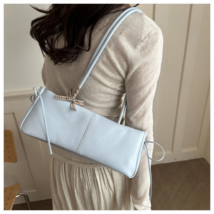 Simple Solid Color Pu Shoulder Bags for Women Sweet Bow Thread Design Ladies Underarm Bag Casual Versatile Female Pillow Handbag