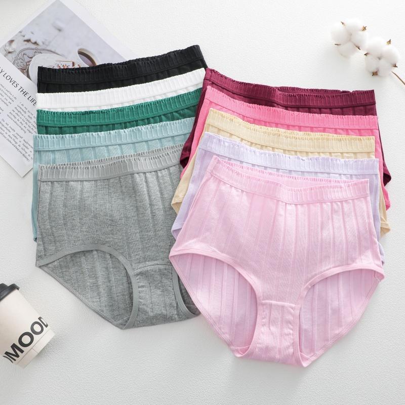 4PCS/SET Women Basic High Waist Striped Panties Cotton Breathable Daily Multi Color Set Butt Lifting Plus Size Comfort Underwear