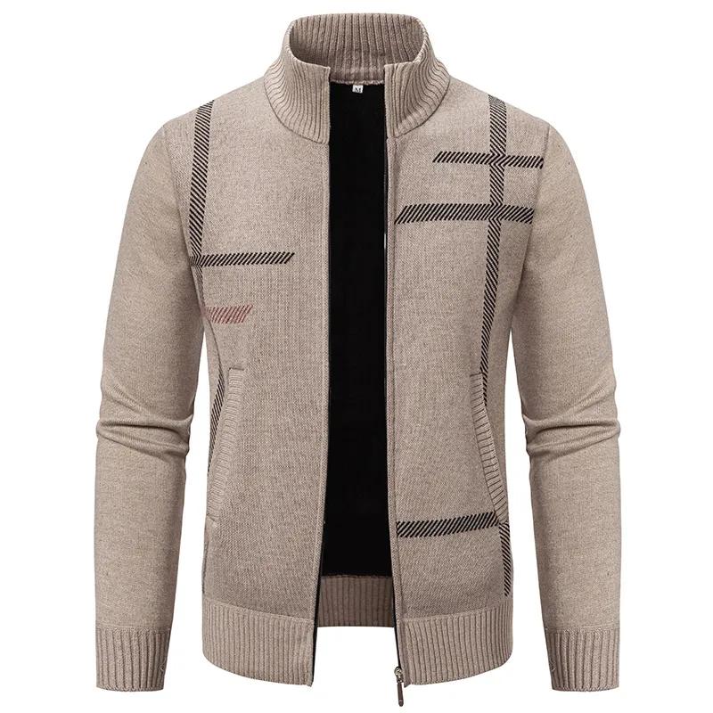 Men's Gray Knit Stand-Collar Zip-Up Cardigan Casual Warm Sweater Jacket