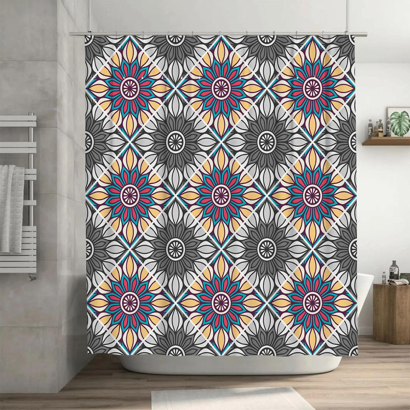 

Colorful Tile Print Shower Curtain Bathroom Decor With Floral Design In Pink, Yellow Blue For Home Use W60H190(CM)-1 Pcs