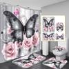 4Pcs Elegant Butterfly Shower Curtain Set with Non-Slip Bath Mat, Toilet Lid Cover, Contour Rug & 12 Hooks, Bathroom Decor