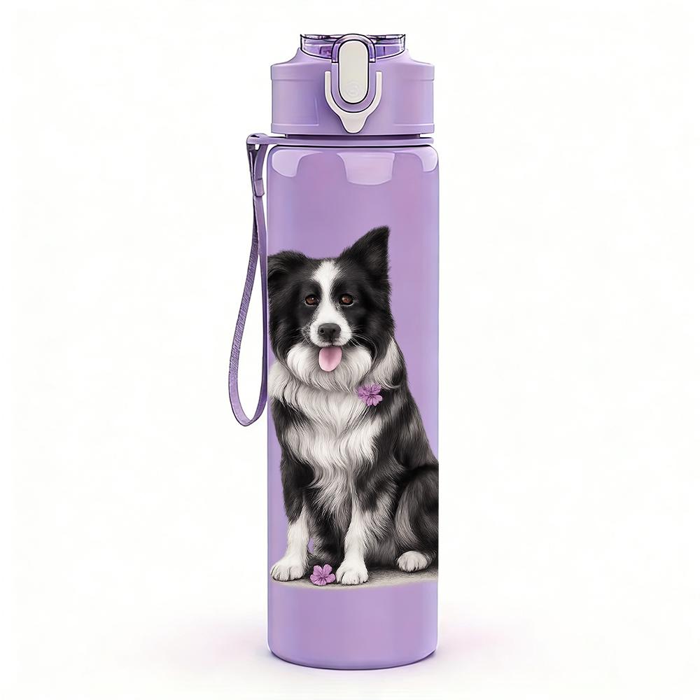 1pz Bustino Floreale Border Collie 750ml Bottiglia d'Acqua in Plastica Colorata Tappo Flip-Top con Cannuccia Anti-Perdita Per Sport Ufficio Uso Domestico