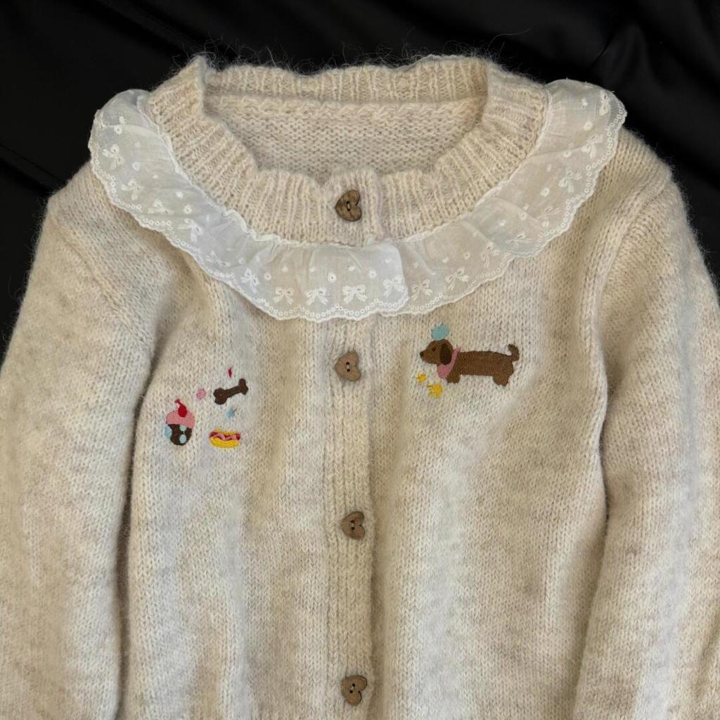 2026 Spring Autumn Korean Puppy Embroidery Lace Trim Women's Knit Cardigan