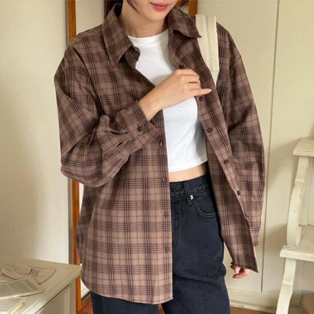 New Arrivals Open Run Women Checked Pattern Loose Fit Casual Shirt Autumn Color