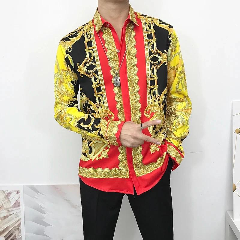Newest Autumn Shirts For Men Baroque Long Sleeve Luxury Social Shirt V-neck Oversized Tops Tees Shirt