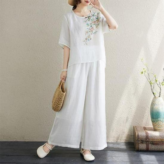 

Women s Lightweight Cotton Linen Set: Printed Shirt & Slimming Wide-Leg Pants, Two-Piece Summer Casual Outfit for Moms. M [48-60 kg] белый