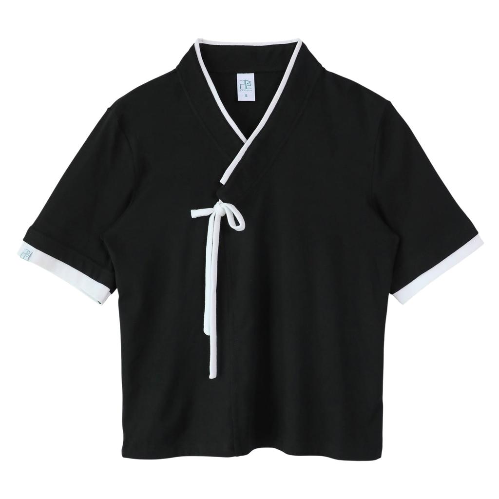 Korean Traditional Layered Collar Short Sleeve T-Shirt - Black / White