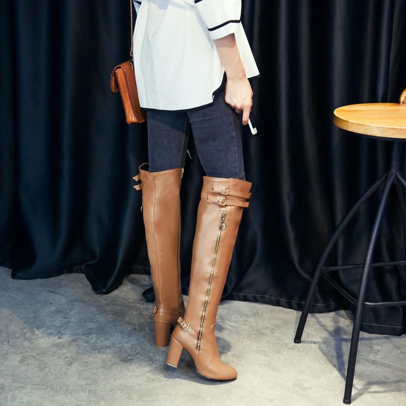 Übergröße Superhoher Dicker Absatz Klassischer Retro-Stil Ritterstiefel Reißverschluss Doppelreihe Lederschnalle Damen Overknee-Stiefel