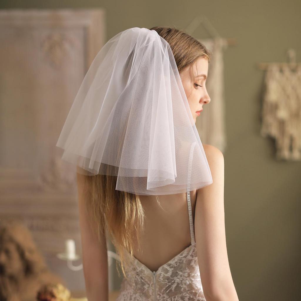 V805 Soft White Double-Layer Bridal Veil - Short Style for Photoshoots & Styling