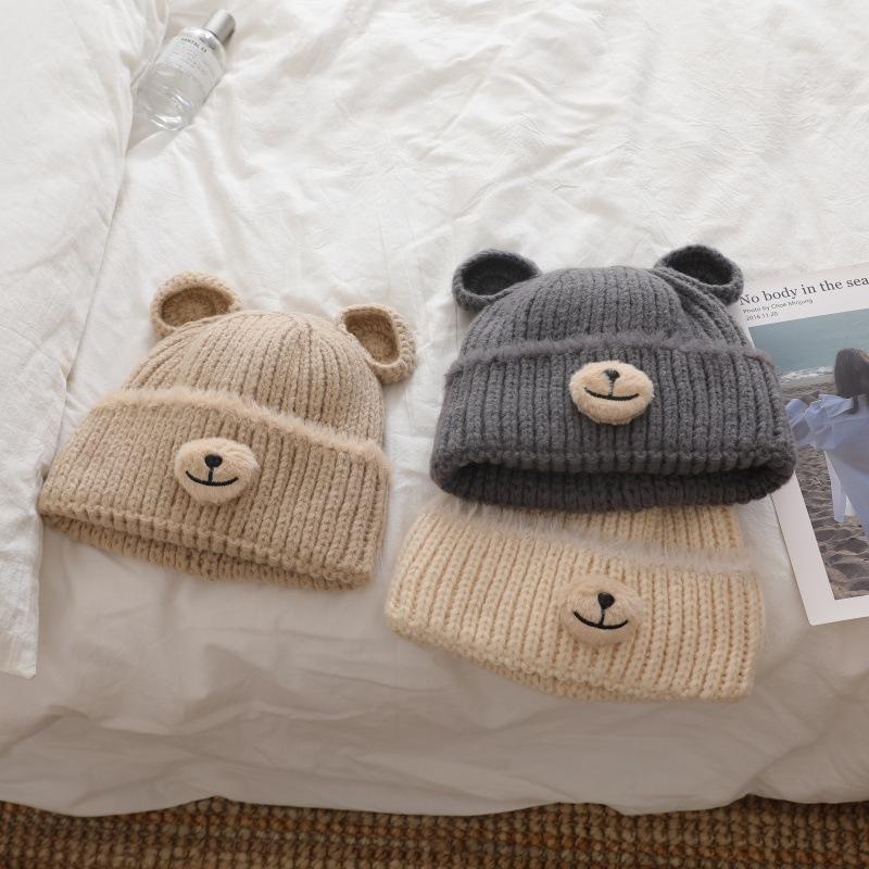 Thick knitted handcrafted bear wool Moao children's cute warm casual and face showing small pullover hat  cold hat for autumn and winter