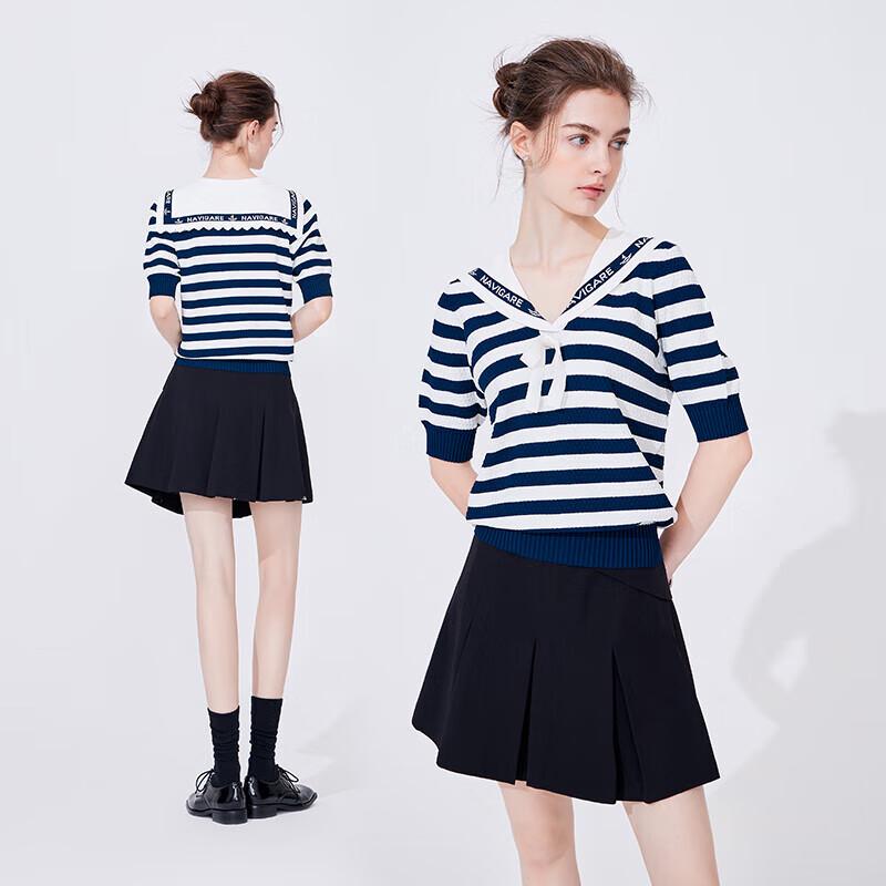 Navigare Women's Sailor Stripe Short Sleeve Polo Knit Top