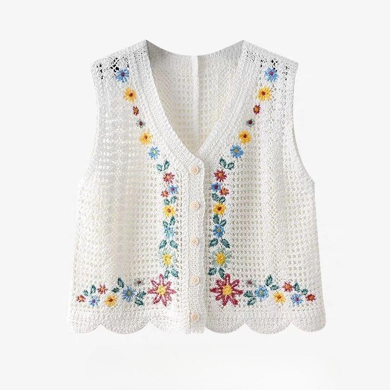 Floral Embroidery Women's Vest Hollow Crochet Sleeveless Ladies Knitted Sweater Stacking Woman Autumn Trendy Casual Tops