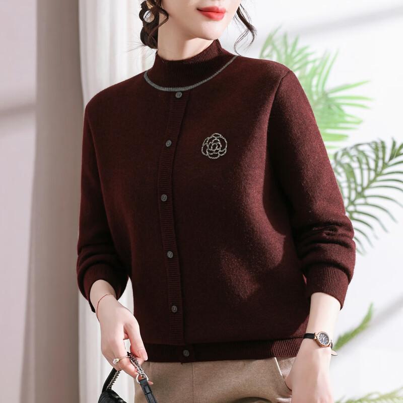Hengyuanxiang Women's Long-Sleeved Embroidered Stand Collar Knit Pullover